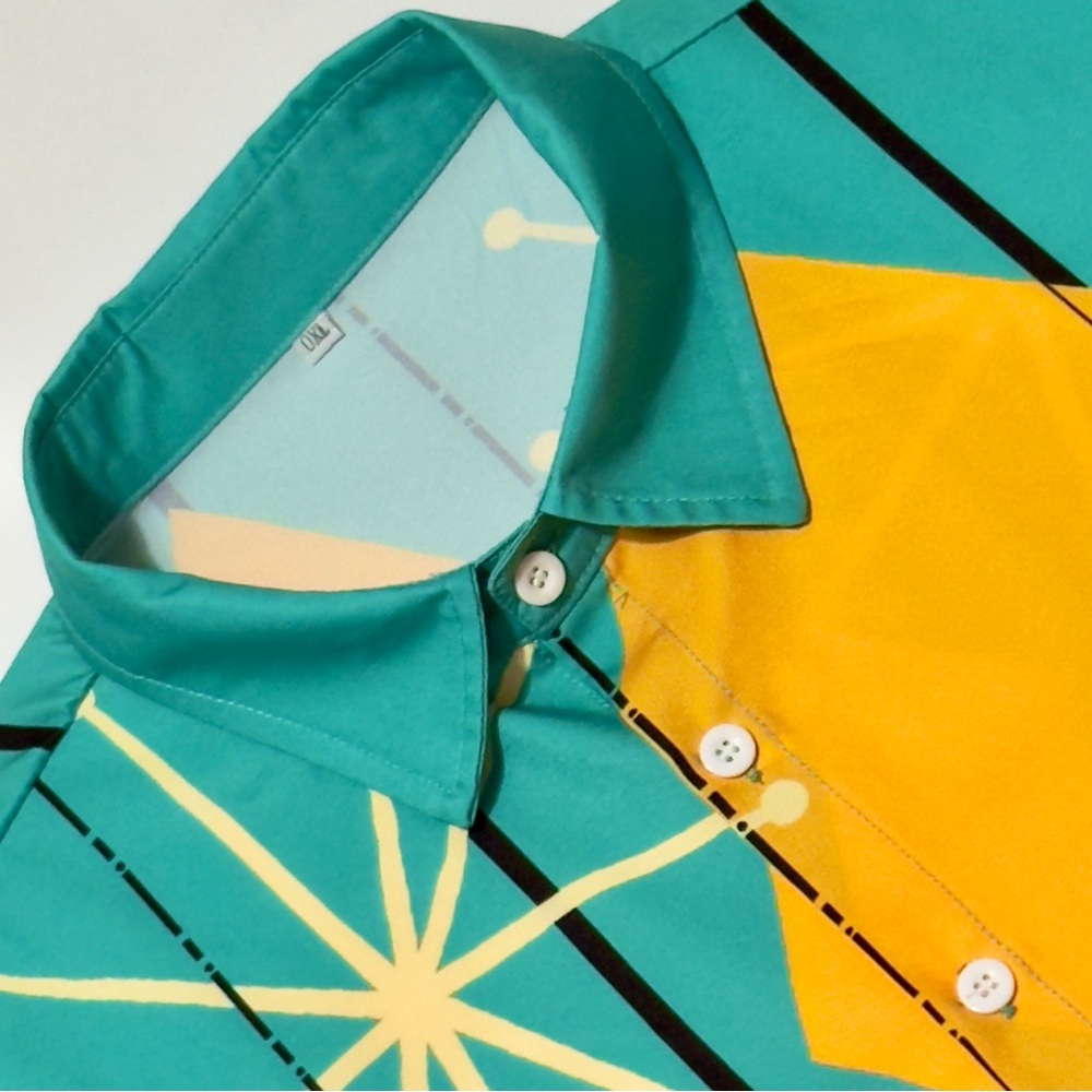 Men's Teal & Yellow Button Down Short Sleeve Size OXL Geometric Shirt Excellent